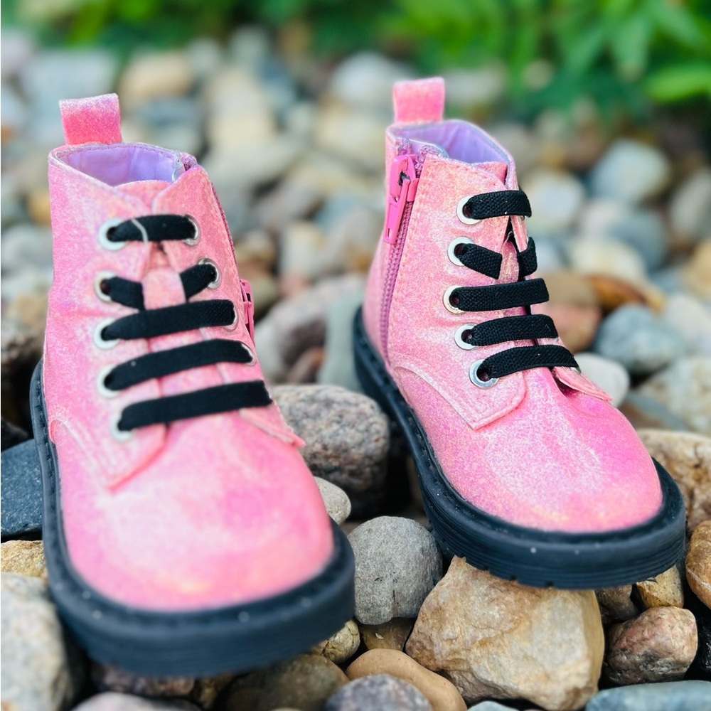 Pink Glitter Boots with Black Laces
